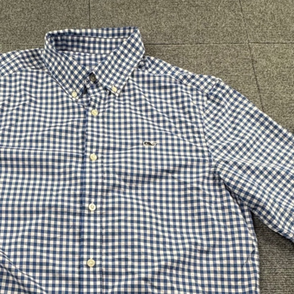 Vineyard Vines Performance Gingham Whale Shirt Mens Medium Blue White Stretch